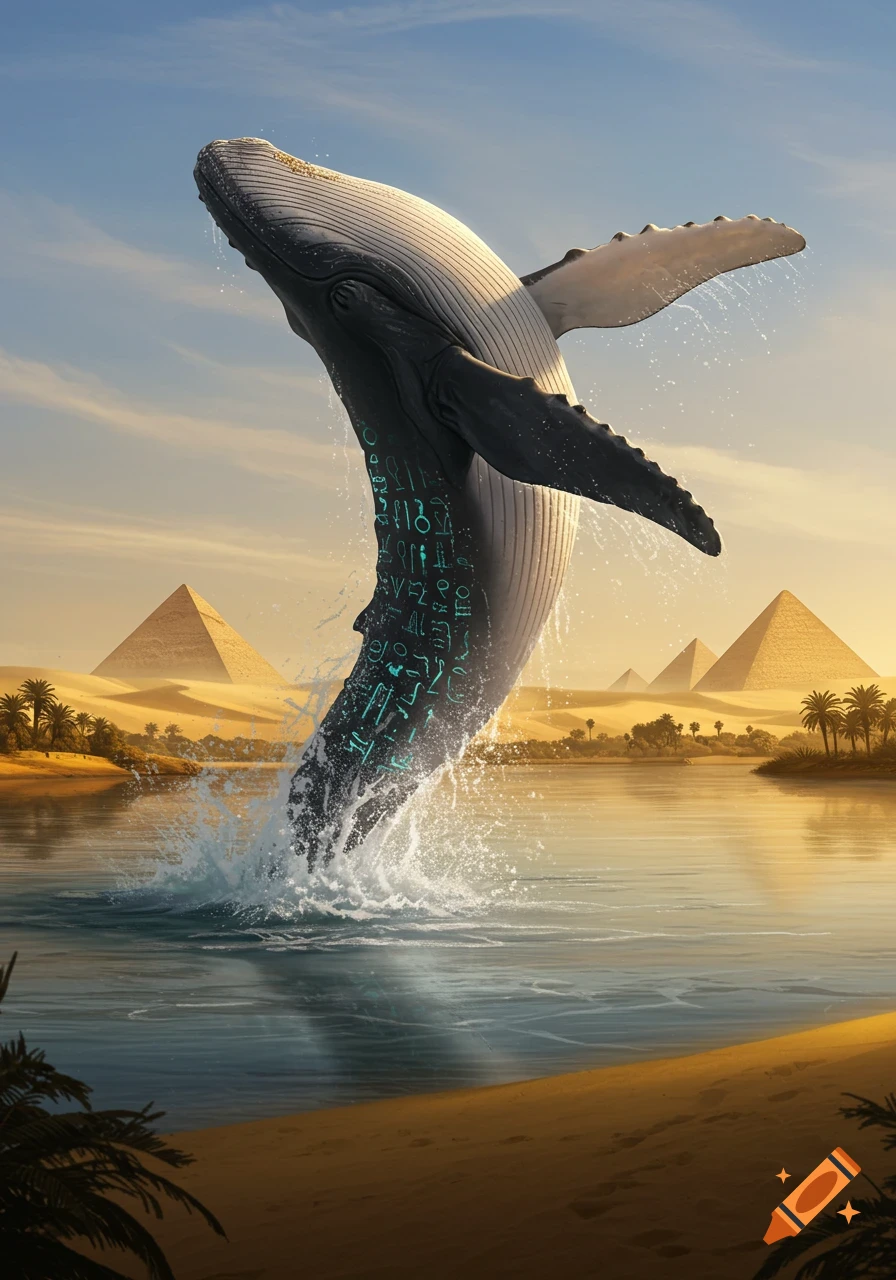 A humpback whale with glowing hieroglyphs breaches in a desert oasis, with pyramids and palm trees under a sunny sky.