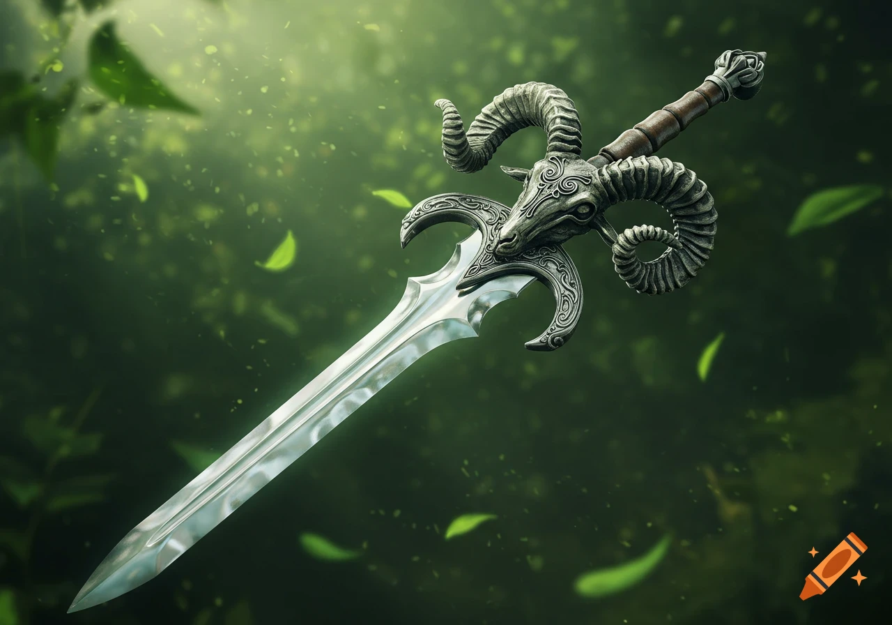 A detailed fantasy sword with a ram's head hilt and ornate guard, set against a magical green forest background with glowing particles and falling leaves.