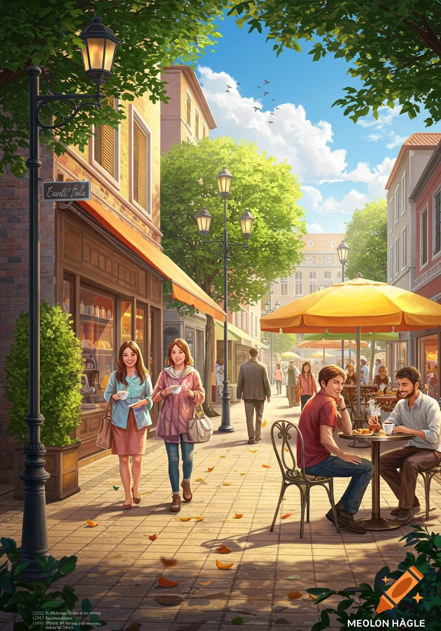 An illustrated scene of a bustling European street with people walking, shopping, and dining at an outdoor cafe.