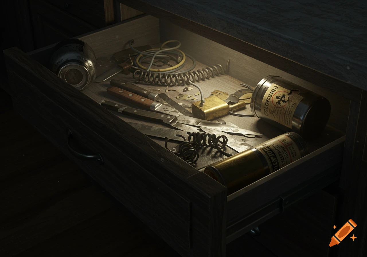 An open wooden drawer filled with various items including multiple knives, old cans with labels, coiled wires, springs, and a brass padlock.
