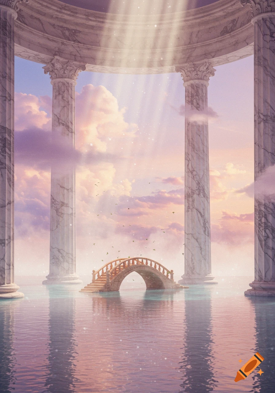 Ethereal landscape with white marble columns, a stone bridge over water, and a pastel sky with sun rays.