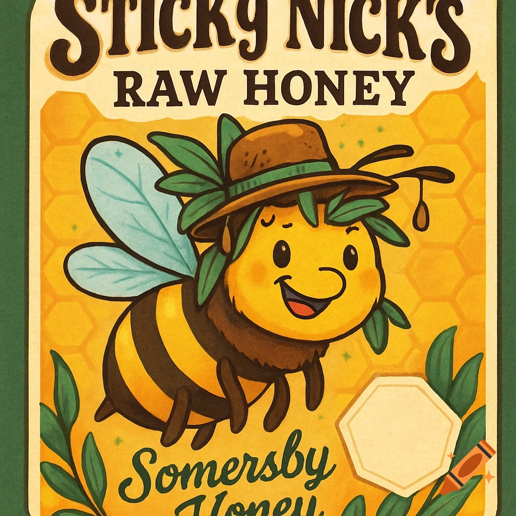 A vintage-style honey label featuring a happy cartoon bee wearing a hat amidst leaves and honeycombs. Text reads "STICKY NICK'S RAW HONEY" and "Somersby Honey" with a blank hexagon.