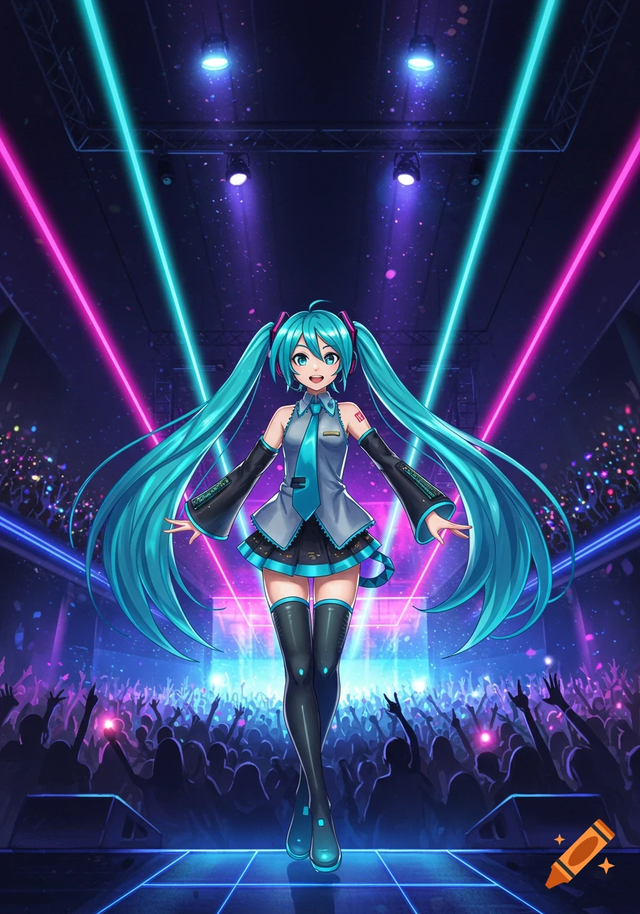 Hatsune Miku performs on stage, illuminated by neon pink and blue laser lights, in front of a cheering crowd.