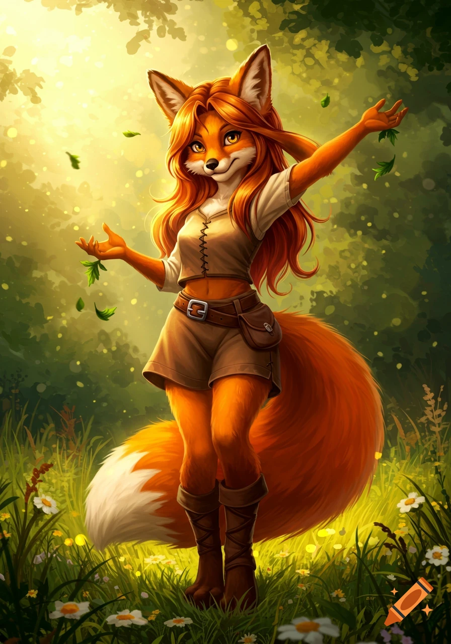 A vibrant illustration of an anthropomorphic fox girl with red fur and long hair, wearing a crop top and shorts, standing in a sunny forest clearing with falling leaves.