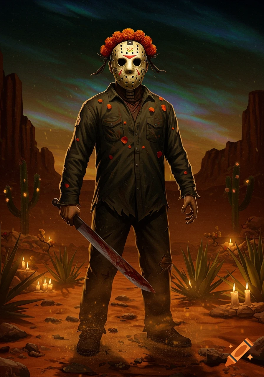 Stylized Jason Voorhees with a marigold crown and a bloody machete stands in a desert with cacti and candles at sunset.