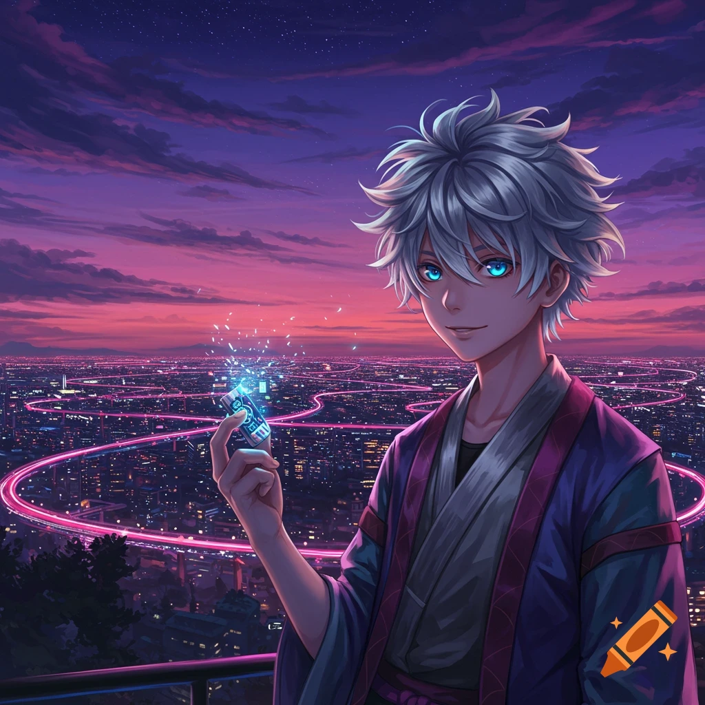 An anime boy with glowing blue eyes and spiky white hair holds a sparking blue device, overlooking a neon-lit futuristic city at sunset.