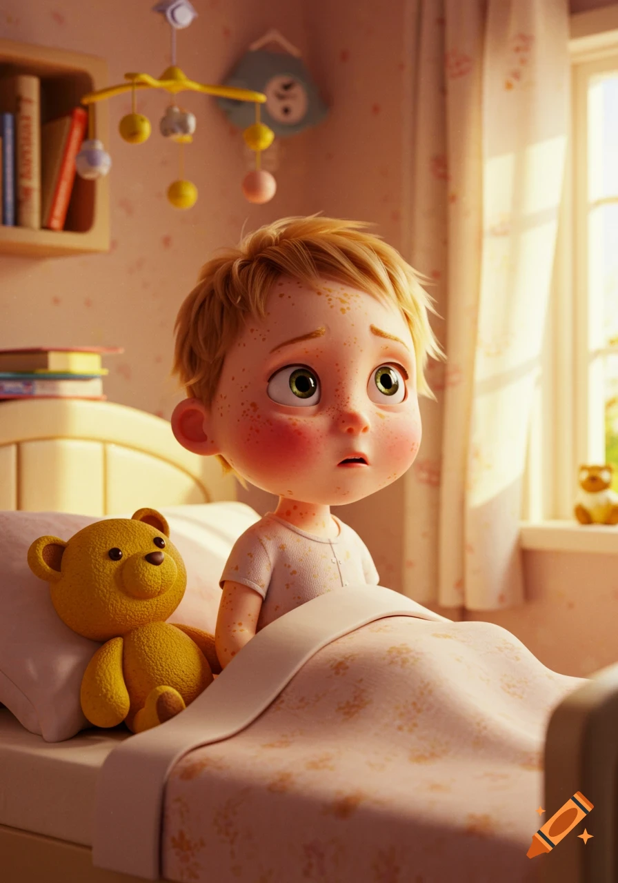 A sad-looking 3D animated child with blonde hair and chicken pox in bed with a teddy bear in a softly lit bedroom.