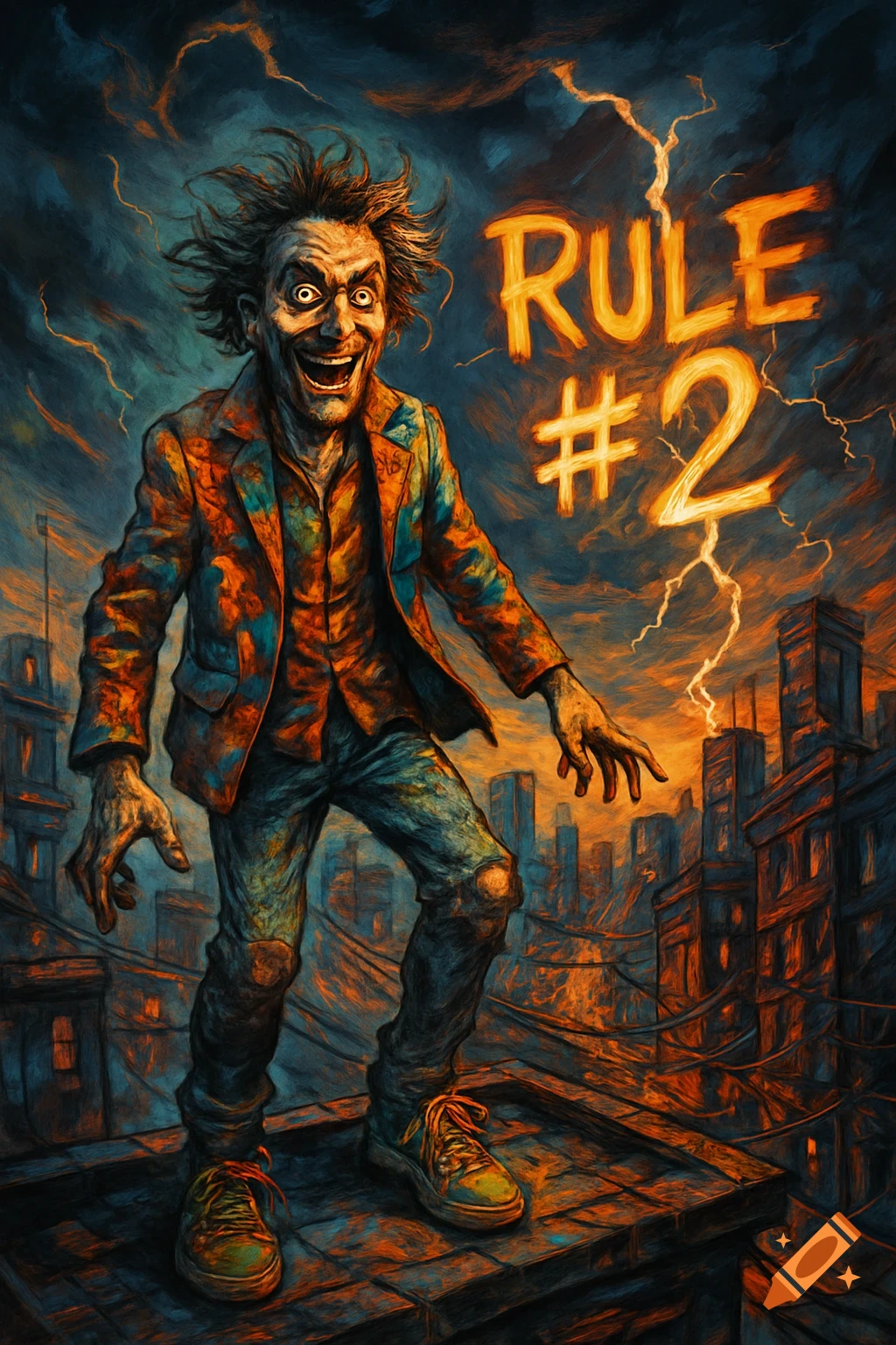 A stylized painting of a crazed man with wild hair, wide eyes, and an open mouth, standing on a dark city rooftop under a stormy sky with lightning, beside the glowing text "RULE #2".