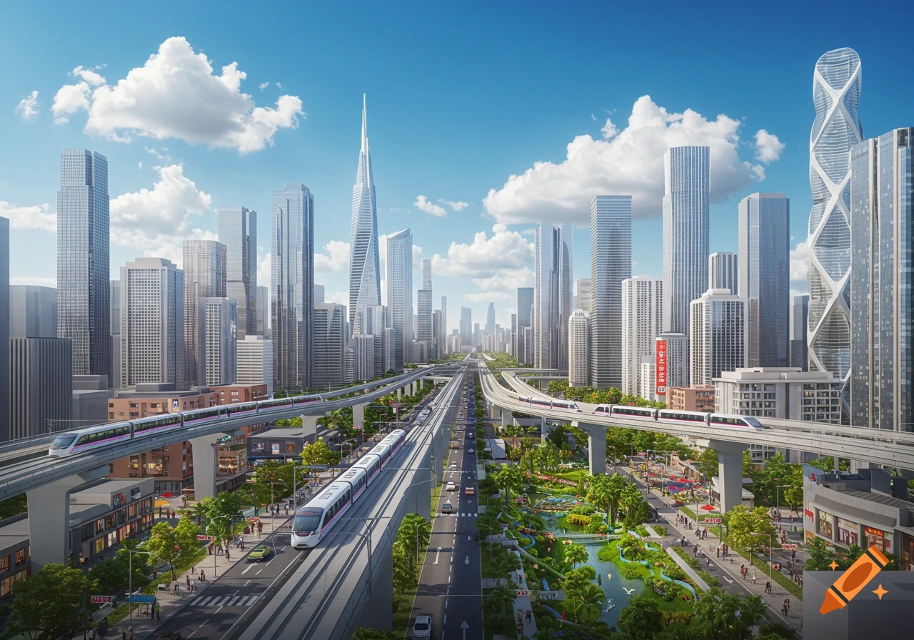 Photorealistic, futuristic cityscape with numerous skyscrapers, elevated trains, a wide highway, and green parks under a blue sky.