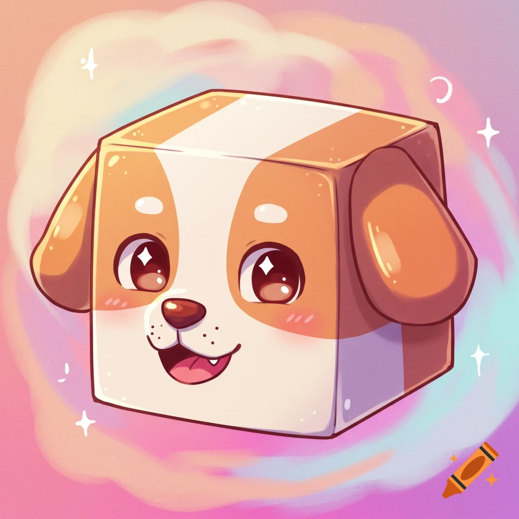 Cute cartoon cube dog head with big shiny eyes and floppy ears on a pastel gradient background with sparkles.