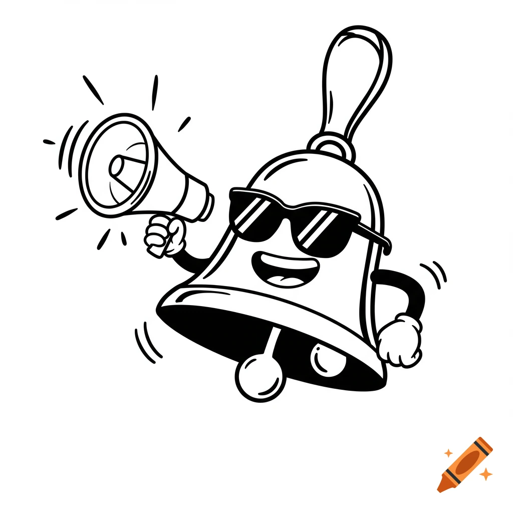 A black and white cartoon bell wearing sunglasses, holding a megaphone, and smiling.