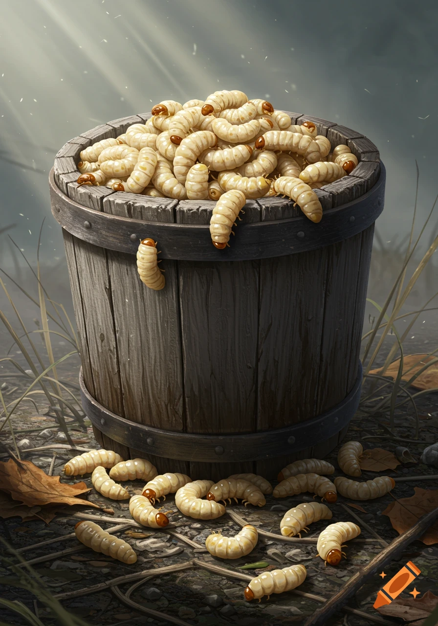 A detailed illustration of a wooden barrel overflowing with cream-colored maggots, with some scattered on the dirt ground.
