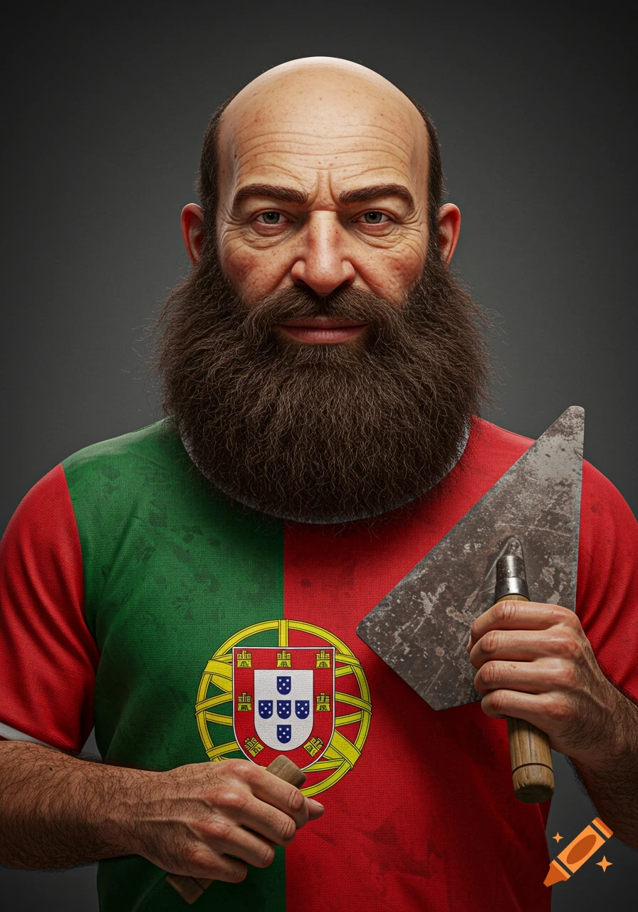 Photorealistic portrait of a bald man with a large brown beard, wearing a Portuguese flag shirt and holding a trowel.