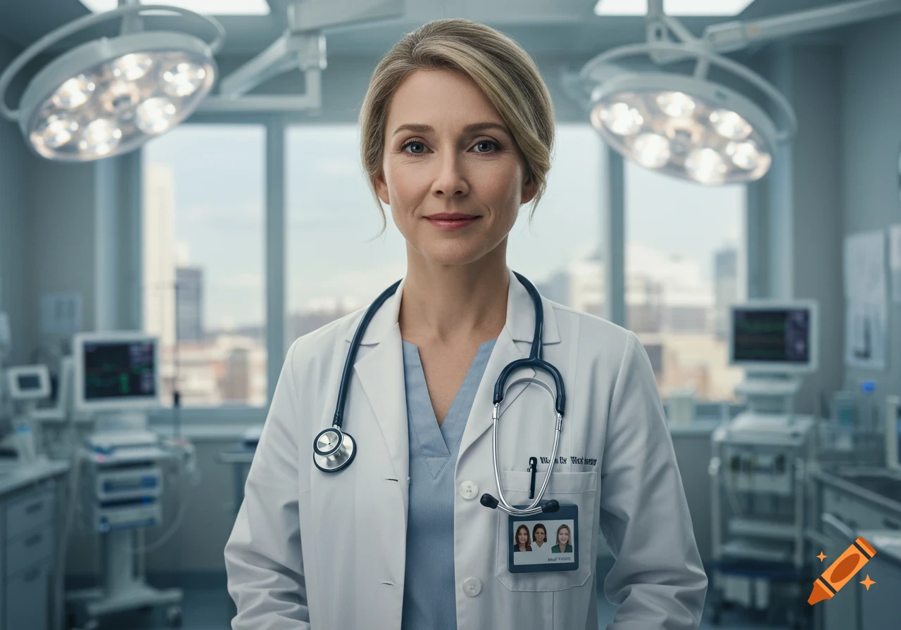 A smiling female doctor in a white lab coat and stethoscope stands in a modern hospital operating room, looking at the camera.