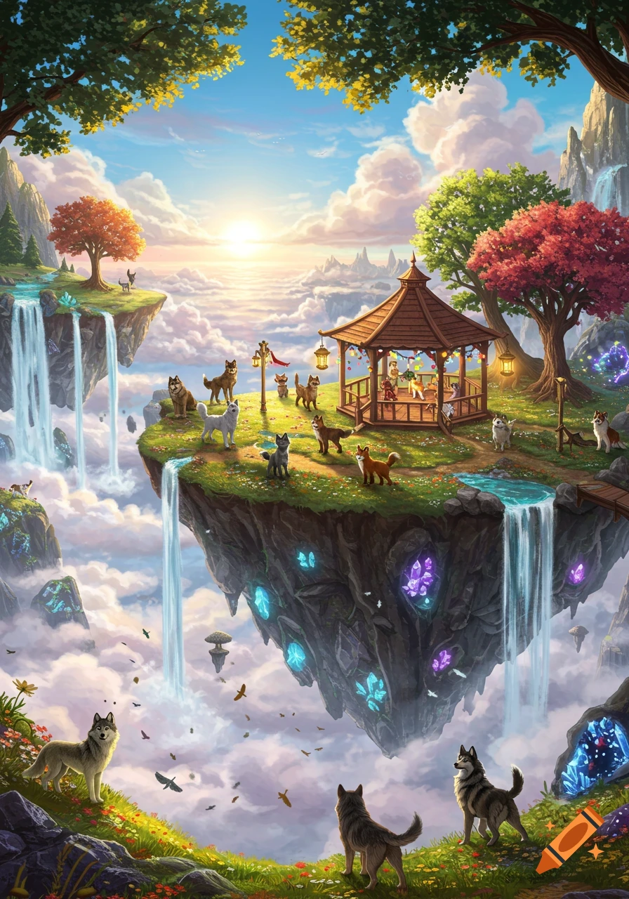 A vibrant fantasy landscape depicting floating islands connected by bridges, with waterfalls, glowing crystals, a gazebo, and various wolves, foxes, and dogs exploring the magical sky-land.