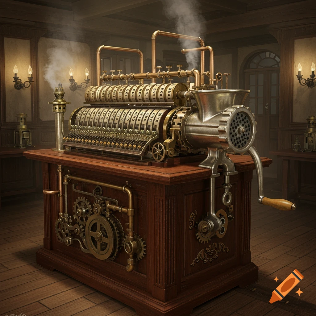 A detailed steampunk machine combining a Babbage Difference Engine and a meat grinder, emitting steam in an old room.