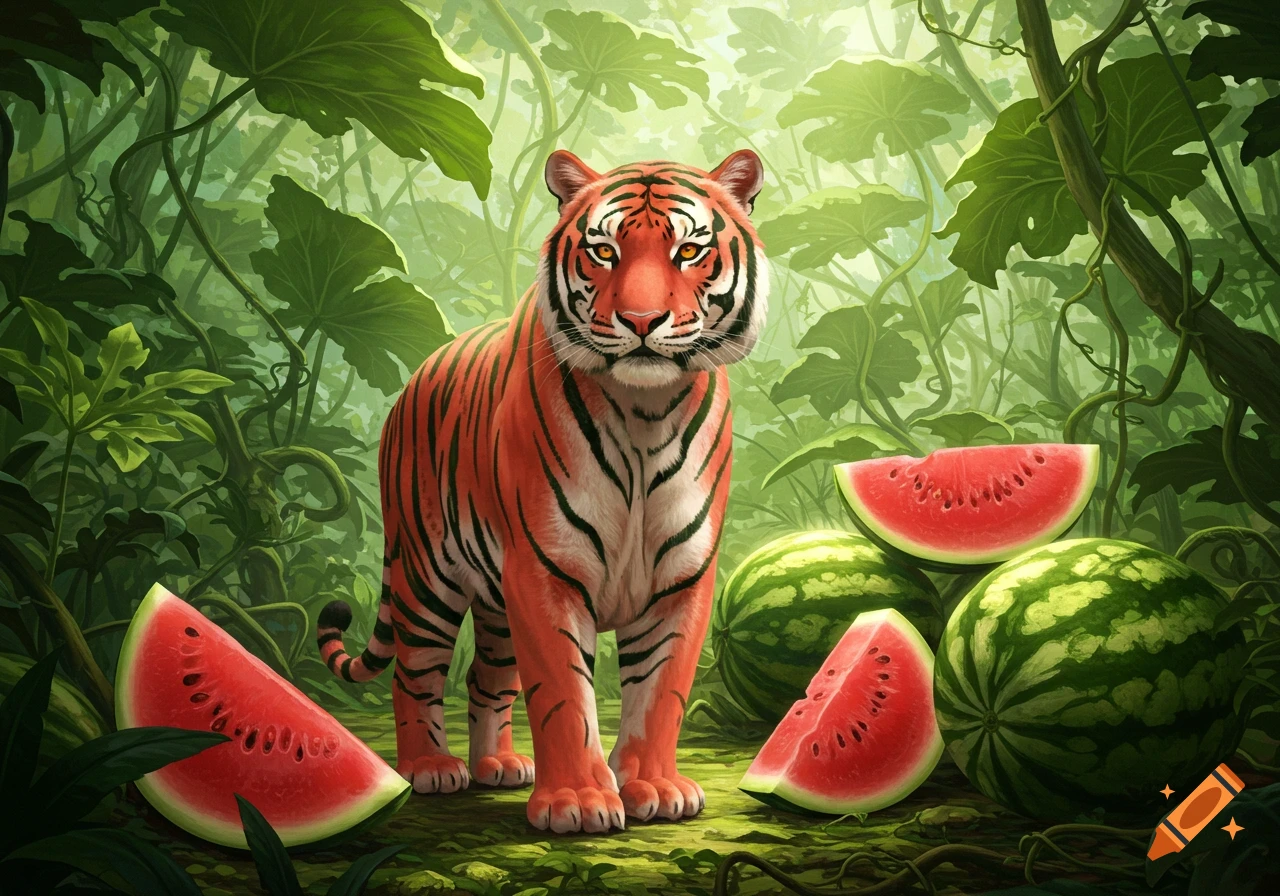 A tiger stands in a vibrant jungle surrounded by whole and sliced watermelons in an illustrative style.