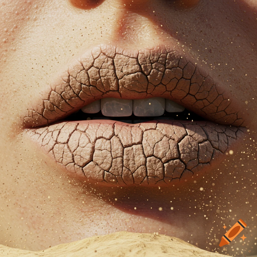 Close-up of human lips with skin cracked like dry earth, surrounded by fine sand, in a conceptual photorealistic style.