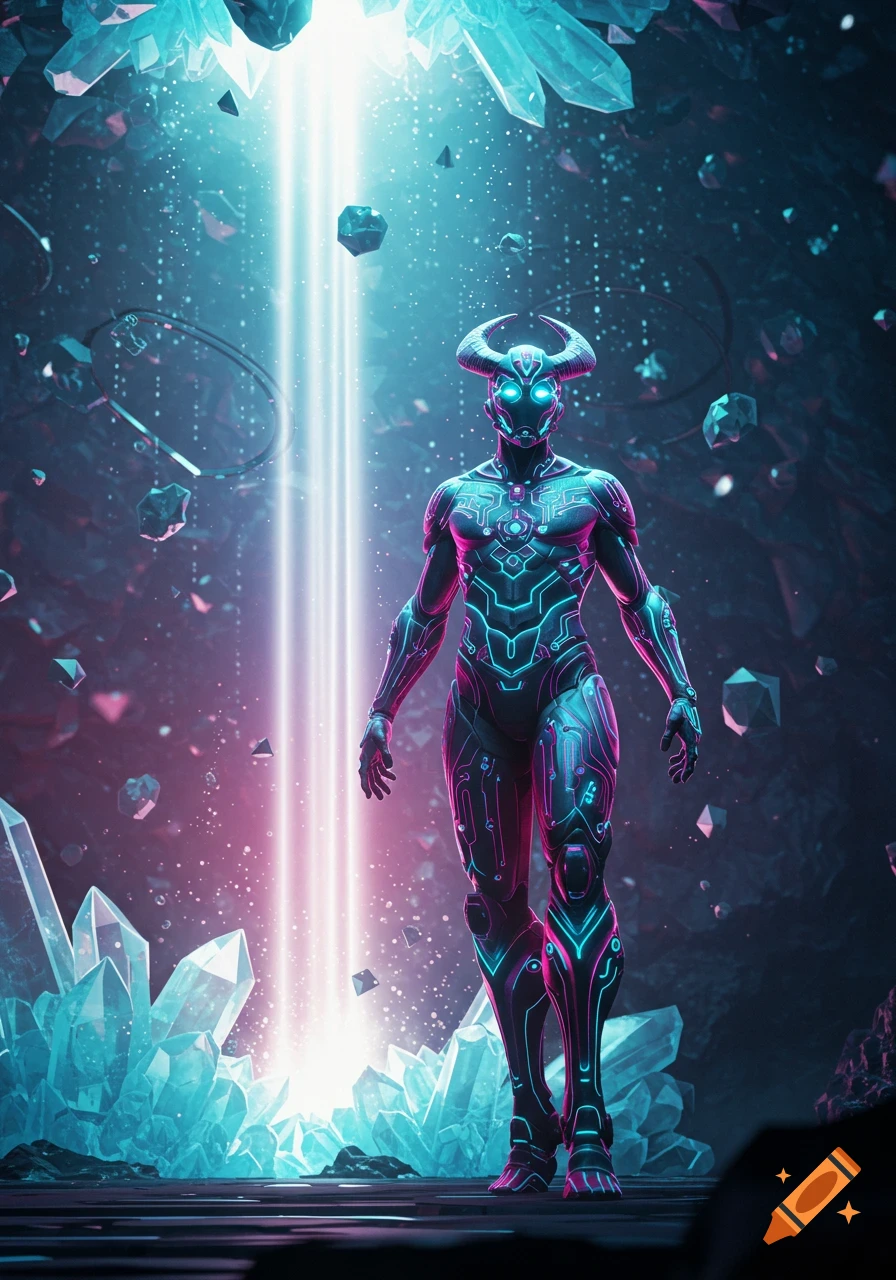 A futuristic horned character in a glowing cybernetic suit stands in a crystal cave with light beams.