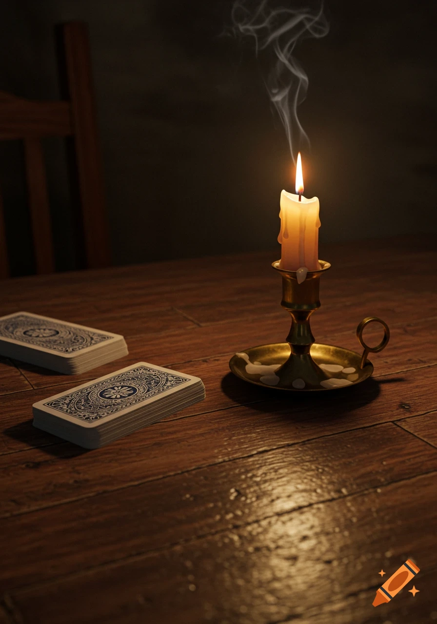 A lit candle in a brass holder with two stacks of playing cards on a wooden table, in a dim room.
