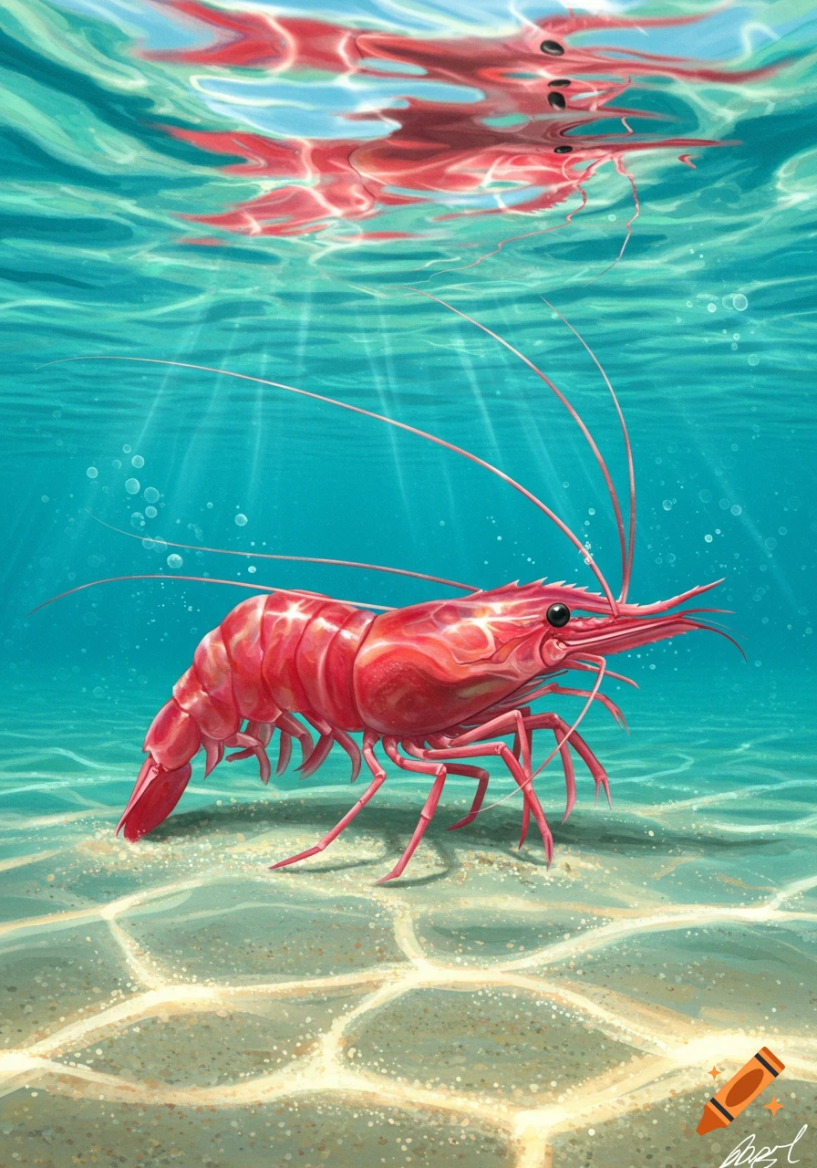 A vibrant red shrimp on a sandy ocean floor, with its reflection on the water's surface and sun rays. Digital illustration.