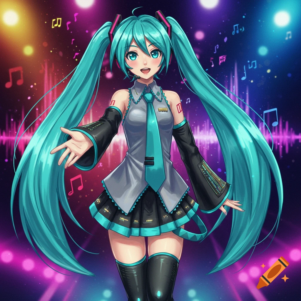 Anime-style Hatsune Miku on a stage with vibrant spotlights and musical notes, reaching out with an open hand.