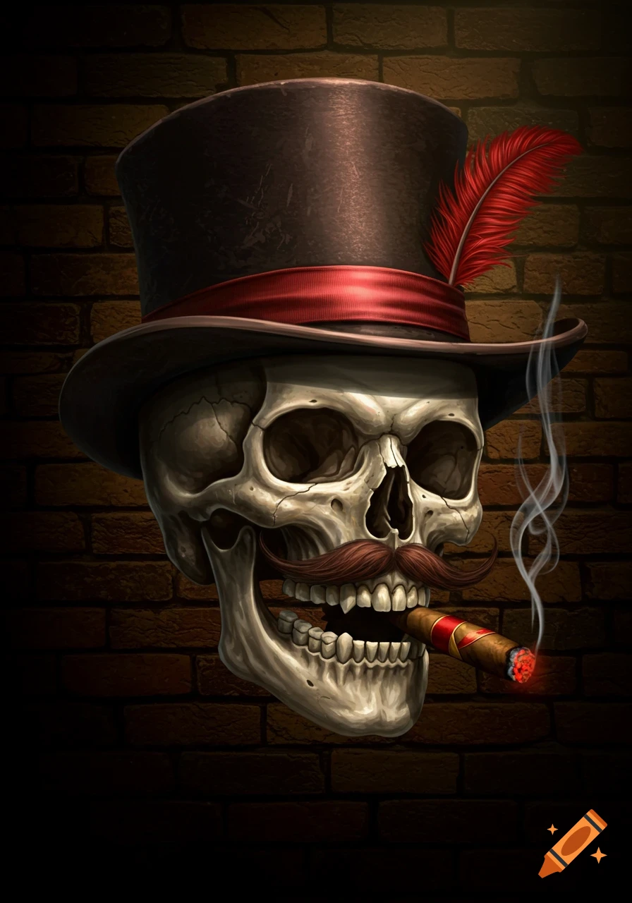 A stylized skull wearing a top hat with a red feather, a brown mustache, and smoking a lit cigar against a brick wall background, digital art.