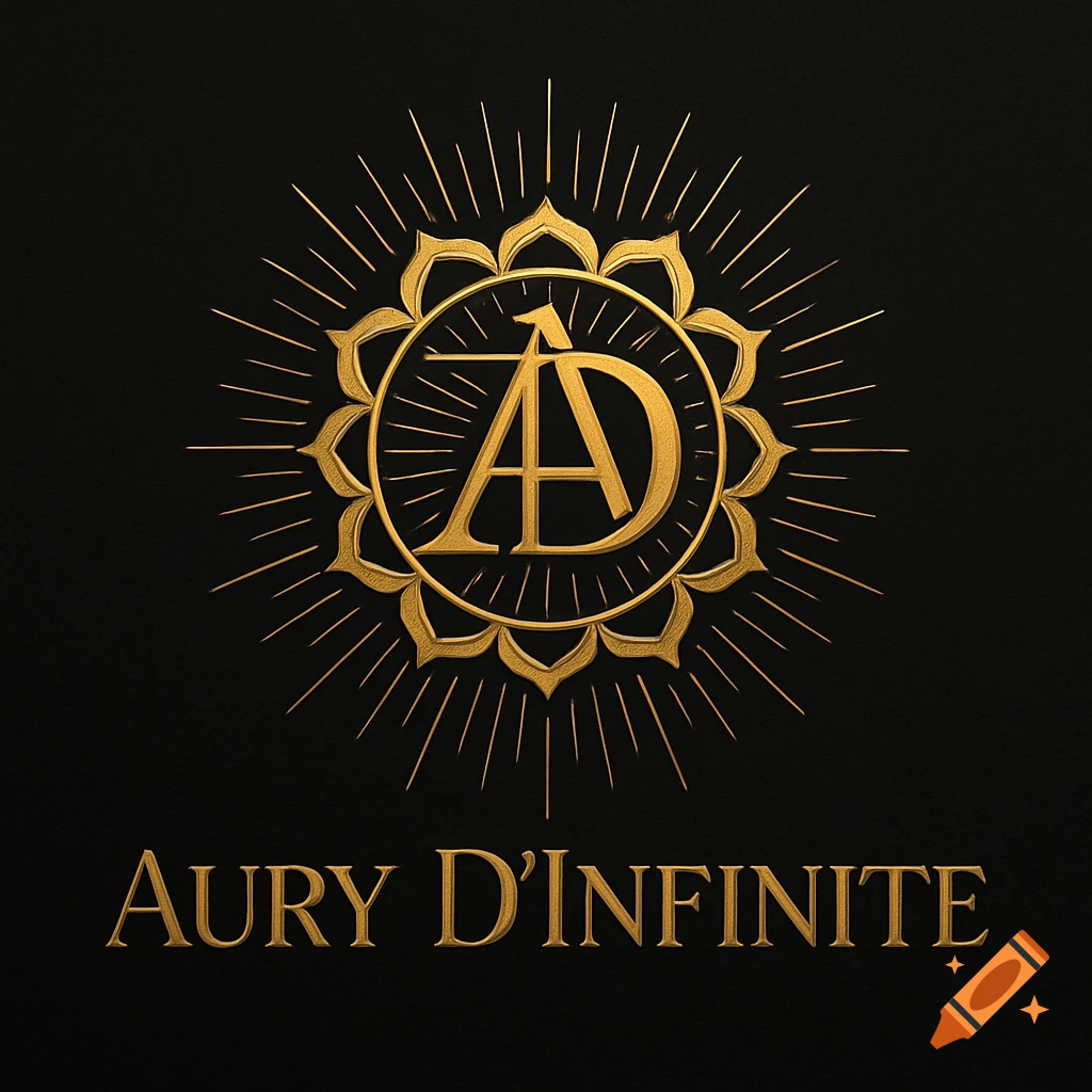 Glossy gold logo with 'AD' initials inside a lotus chakra symbol, radiating lines, and 'Aury D'Infinite' text on a black background.