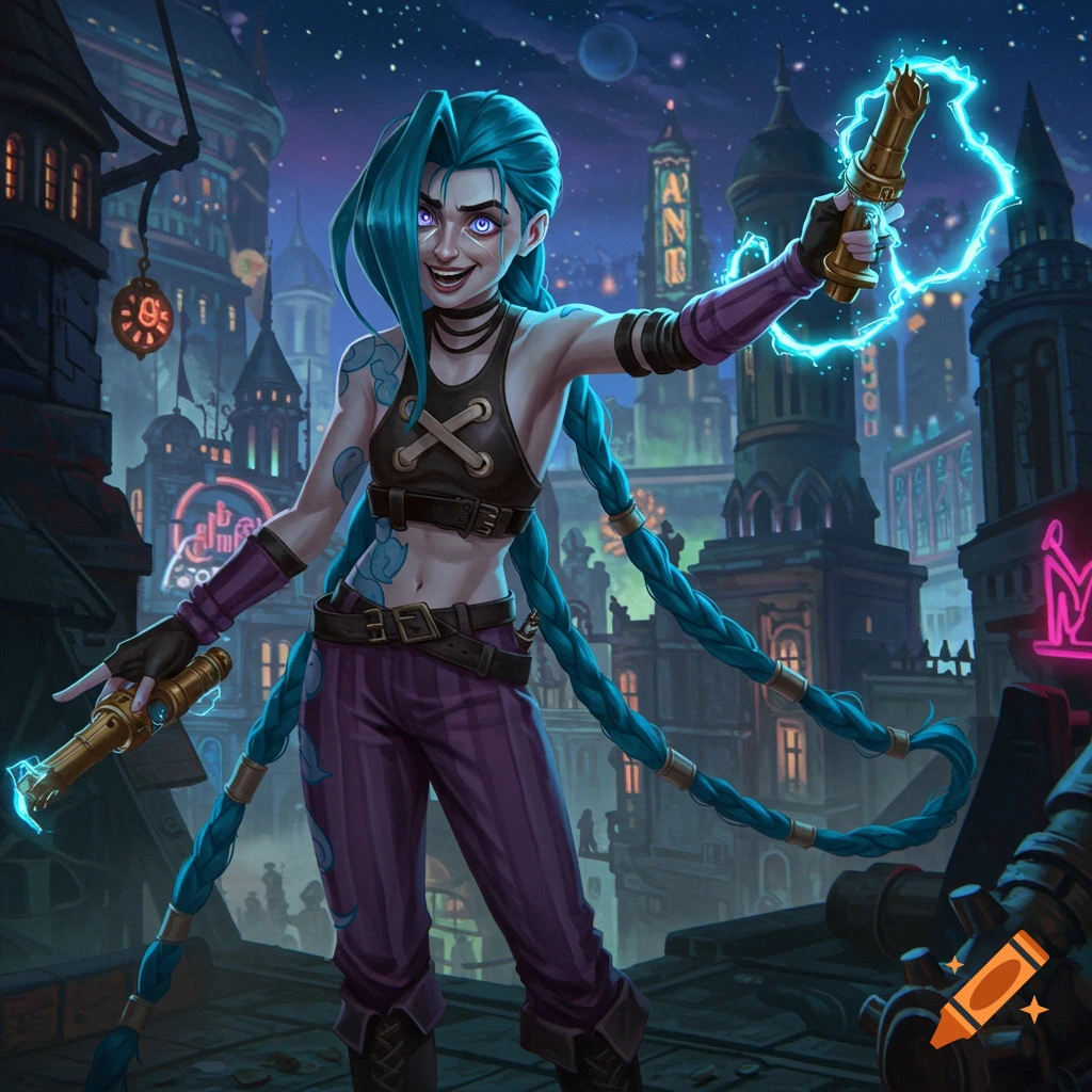 Jinx from Arcane with blue braided hair, holding steampunk guns, smiling on a city rooftop at night in an illustrative style.