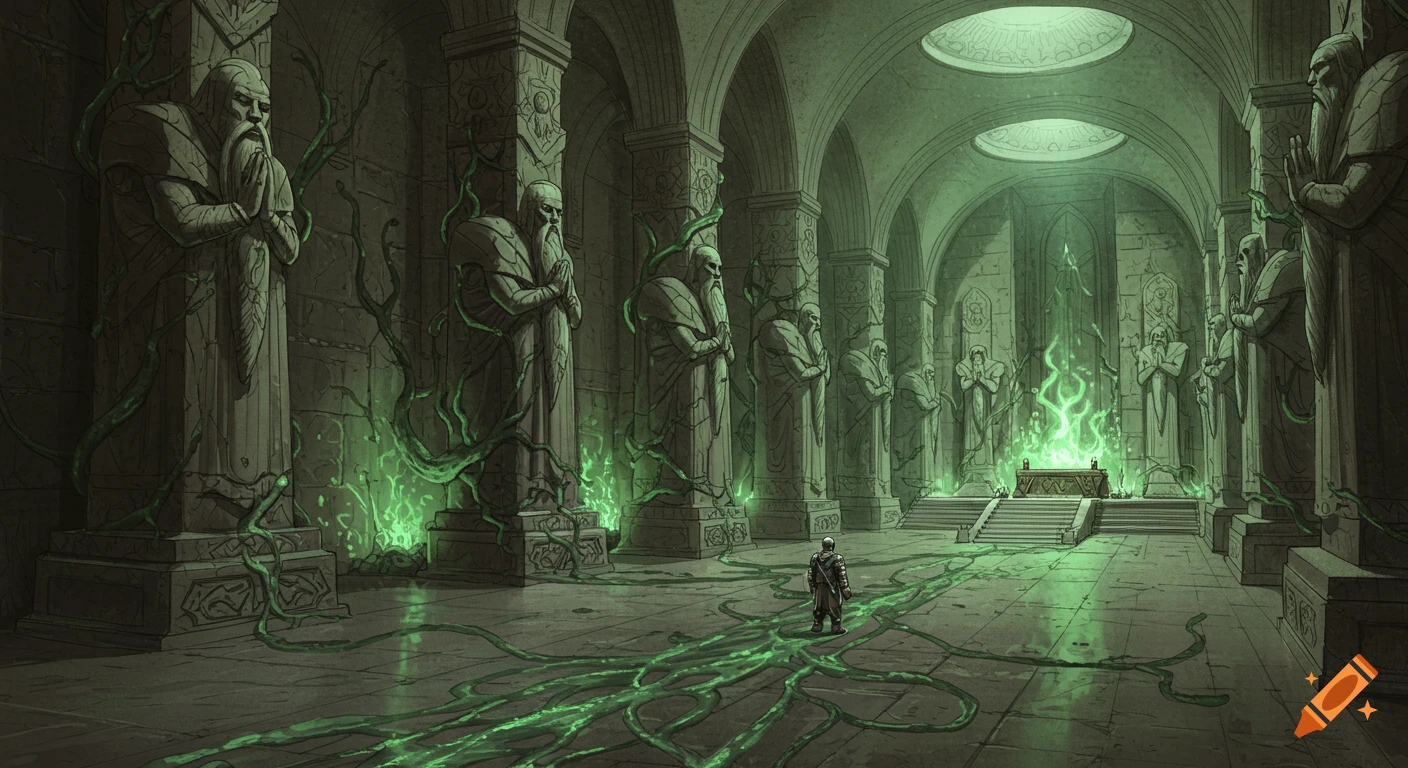 A grand dwarven altar hall with towering statues, a central altar radiating green magic, and a lone figure, fantasy illustration.