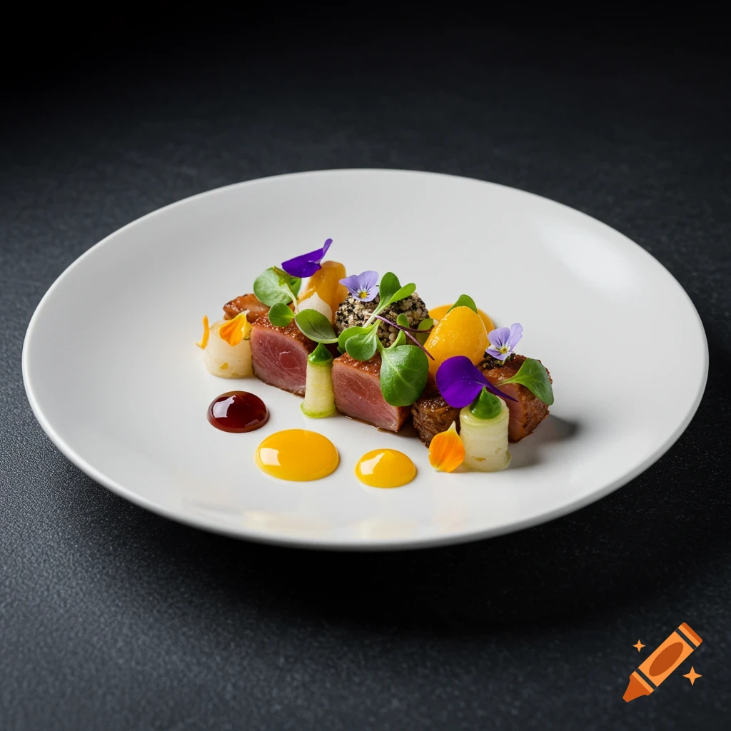 Gourmet dish featuring sliced duck breast, microgreens, edible flowers, and colorful sauces on a white plate against a dark background.