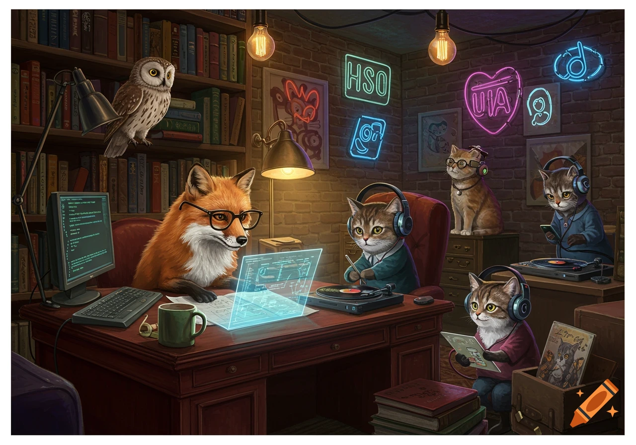 An anthropomorphic fox with glasses uses a computer and holographic screen, surrounded by cats with headphones and DJ equipment, an owl, and neon signs in a cozy, geek-themed room.