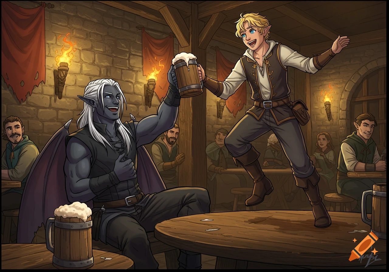 A comic book illustration of a dark-skinned drow and a blond elf toasting with beer mugs in a lively medieval tavern, the elf dancing on a table.