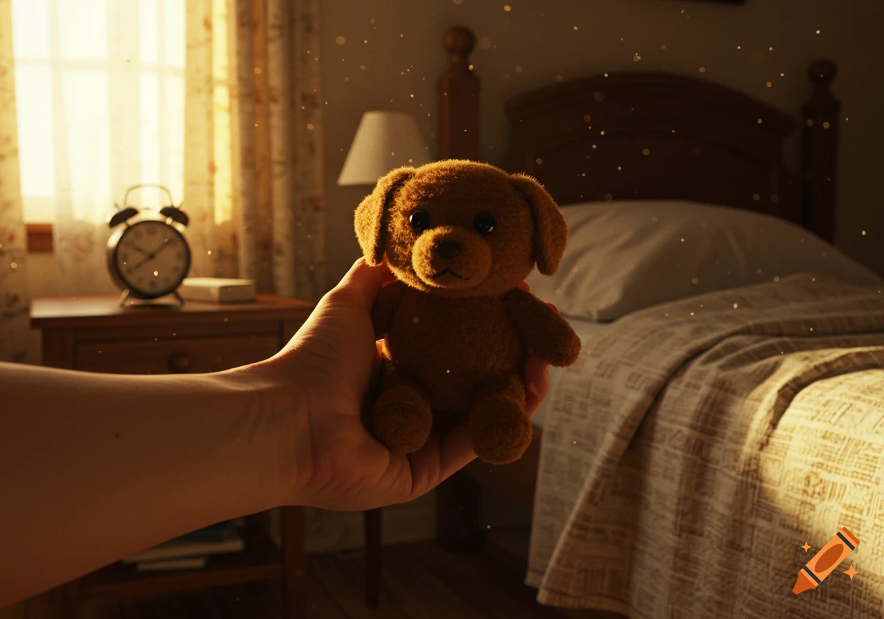 A human hand holds a brown plush dog toy in a sunlit bedroom, with an alarm clock on a nightstand.