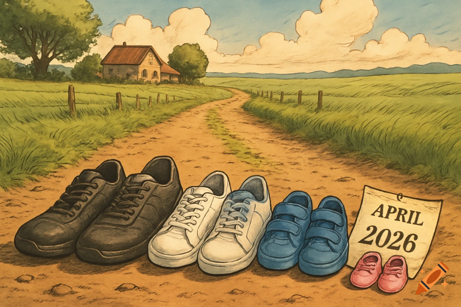 Comic style illustration of a dirt path with black, white, blue, and pink baby shoes. A calendar shows April 2026, with a house in the background.