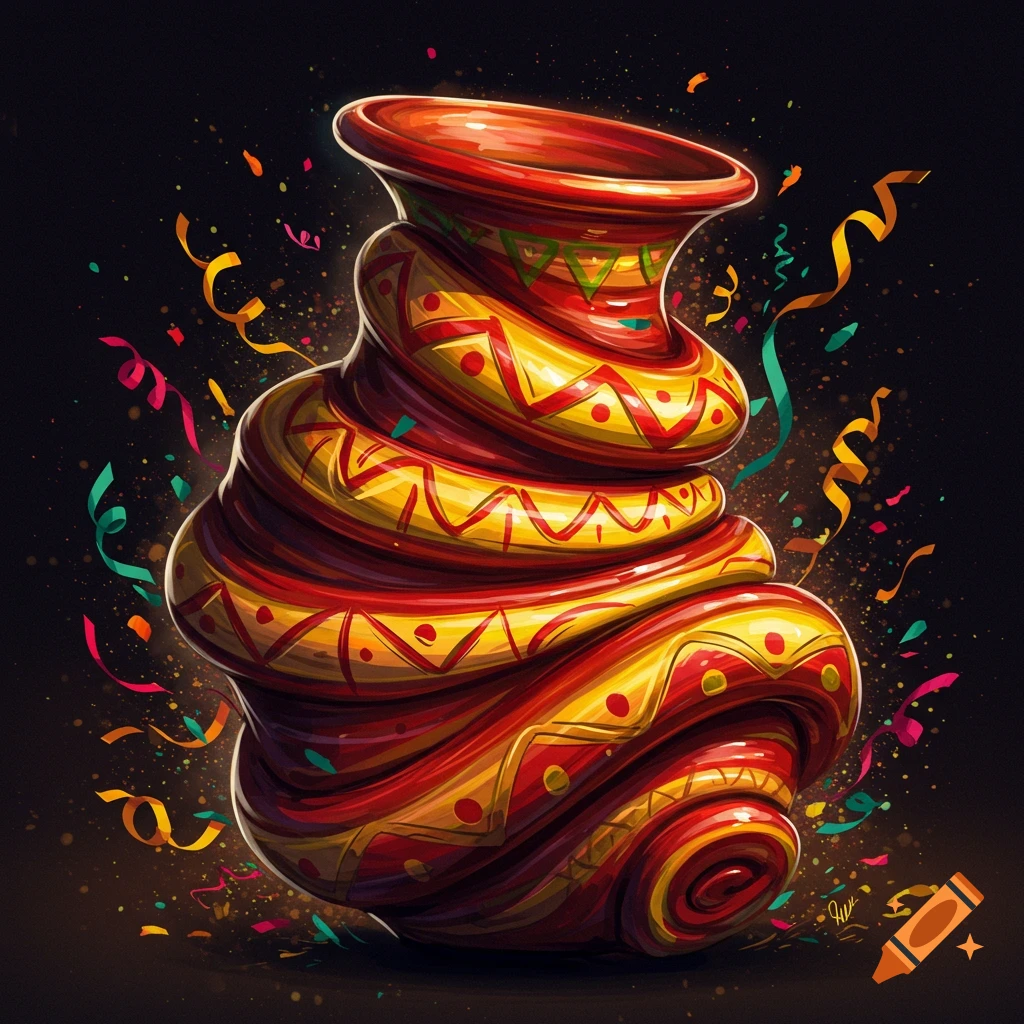 A vibrant, coiled red and yellow pot with intricate patterns, surrounded by colorful confetti, on a dark background in an illustrative style.