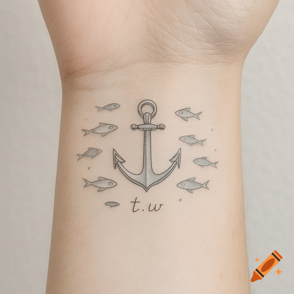 A minimalist anchor and fish tattoo with the initials "t.w." on a person's wrist.