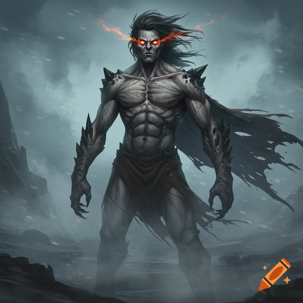A grey-skinned humanoid monster with glowing red eyes and spiky shoulders stands in a desolate, stormy landscape.