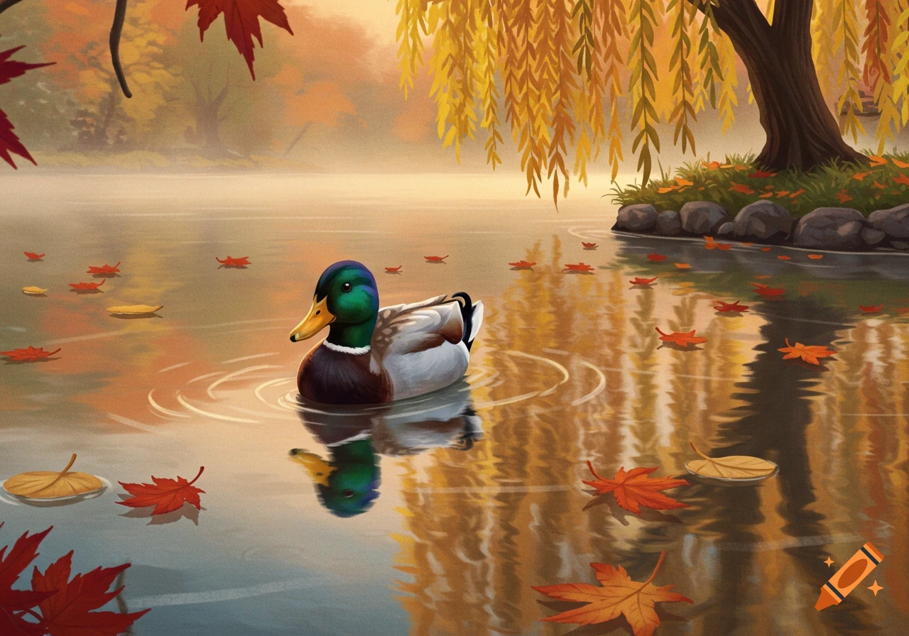 An illustrated mallard duck floats on a calm pond, surrounded by red and yellow autumn leaves and a weeping willow tree.