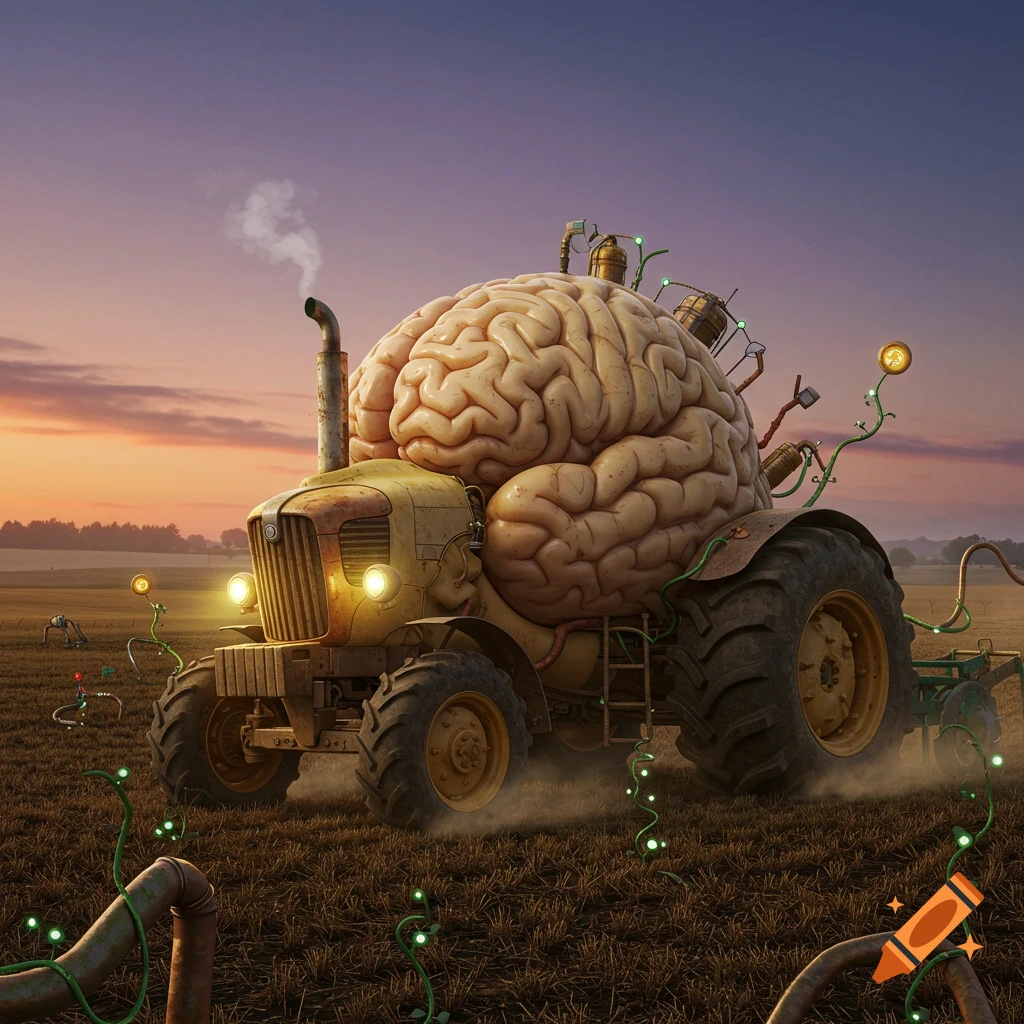 A large, realistic brain is mounted on a vintage yellow tractor driving through a field at sunset, with glowing green tendrils.