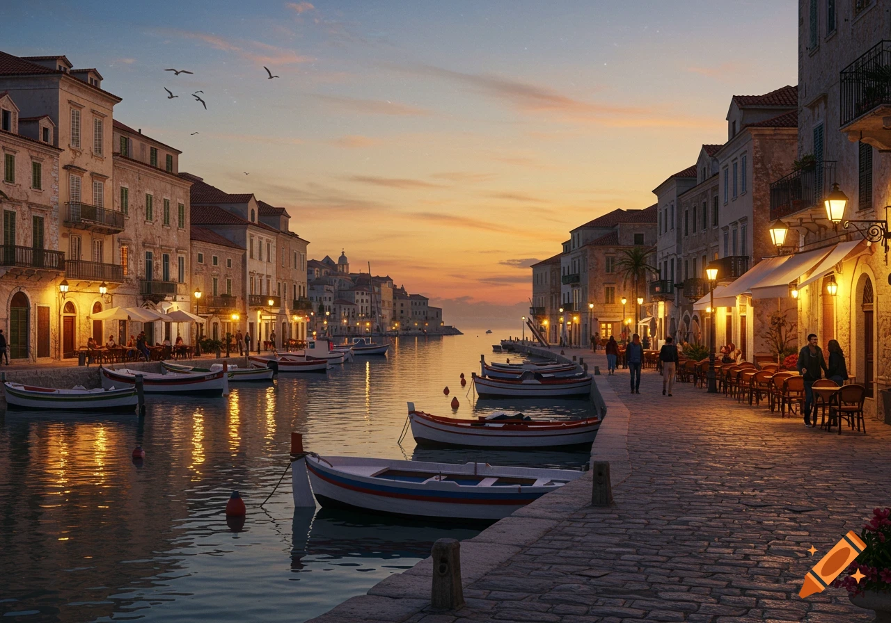 Photorealistic view of a European port city at sunset, with old buildings, boats in a canal, and illuminated cafes.