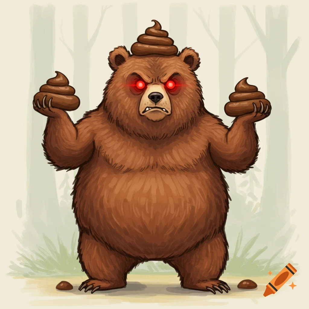 A comical, angry cartoon bear stands in a forest with glowing red eyes, a pile of poop on his head, and holding a pile of poop in each hand.