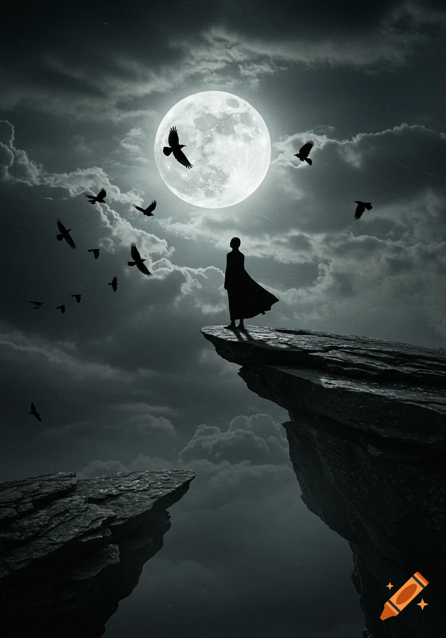 A solitary figure in a cloak stands on a rocky cliff under a full moon with flying crows, creating a dark, mystical scene.
