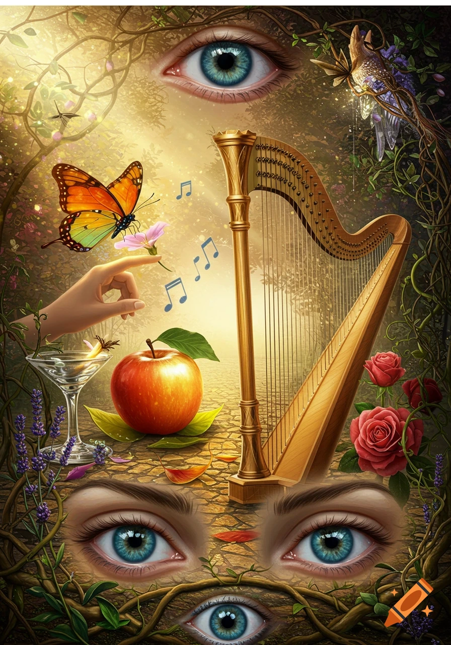 A surreal, vibrant image with multiple blue eyes, a golden harp, a hand, a butterfly, an apple, musical notes, roses, and lavender.