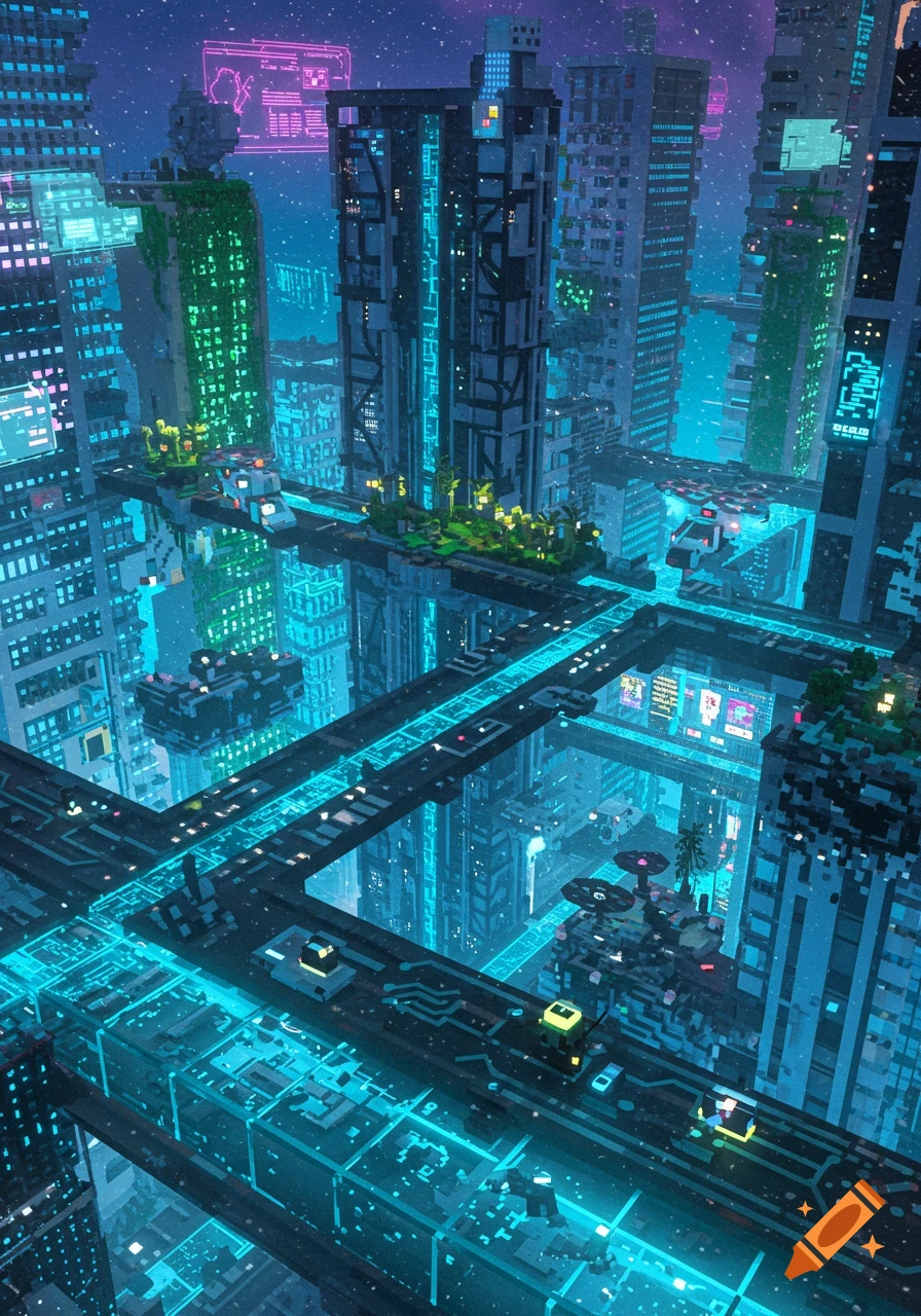 A vibrant, futuristic voxel city at night, with glowing blue and green structures, floating platforms, and data displays under a starry sky.