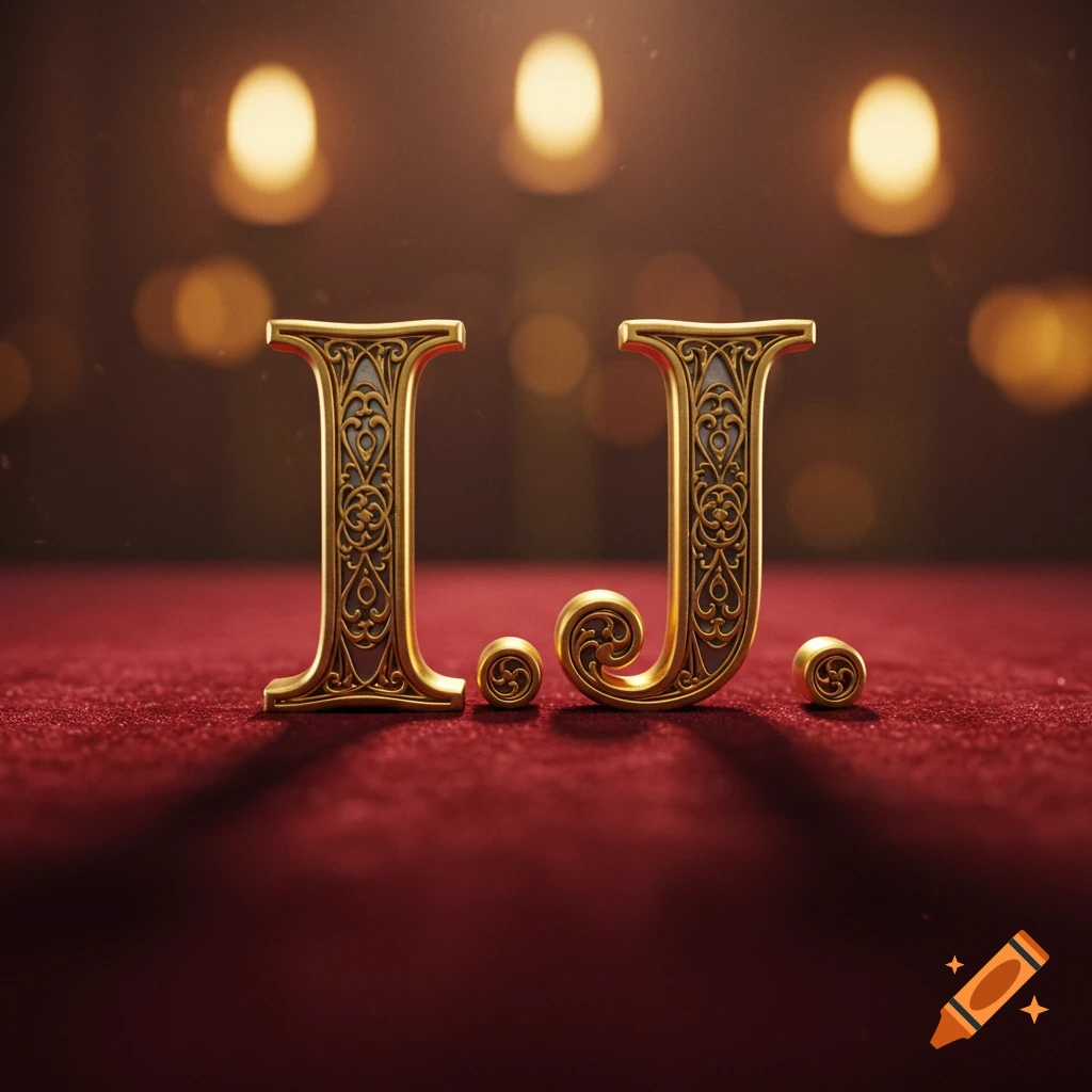 Ornate golden letters 'I.' and 'J.' on a red velvet surface with bokeh lights.