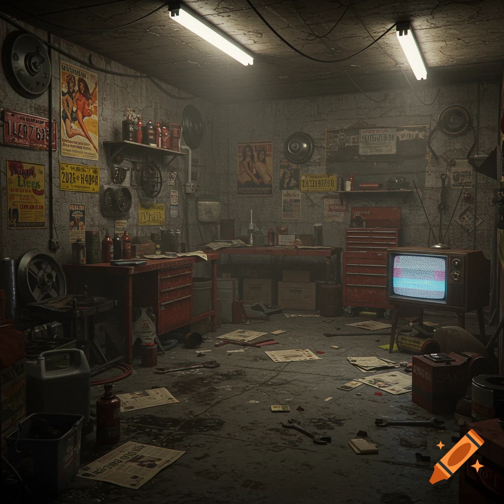 A dirty, cluttered vintage garage or workshop with tools, shelves, old posters, license plates, and a static-filled retro TV, depicted in a grimy, dark style.