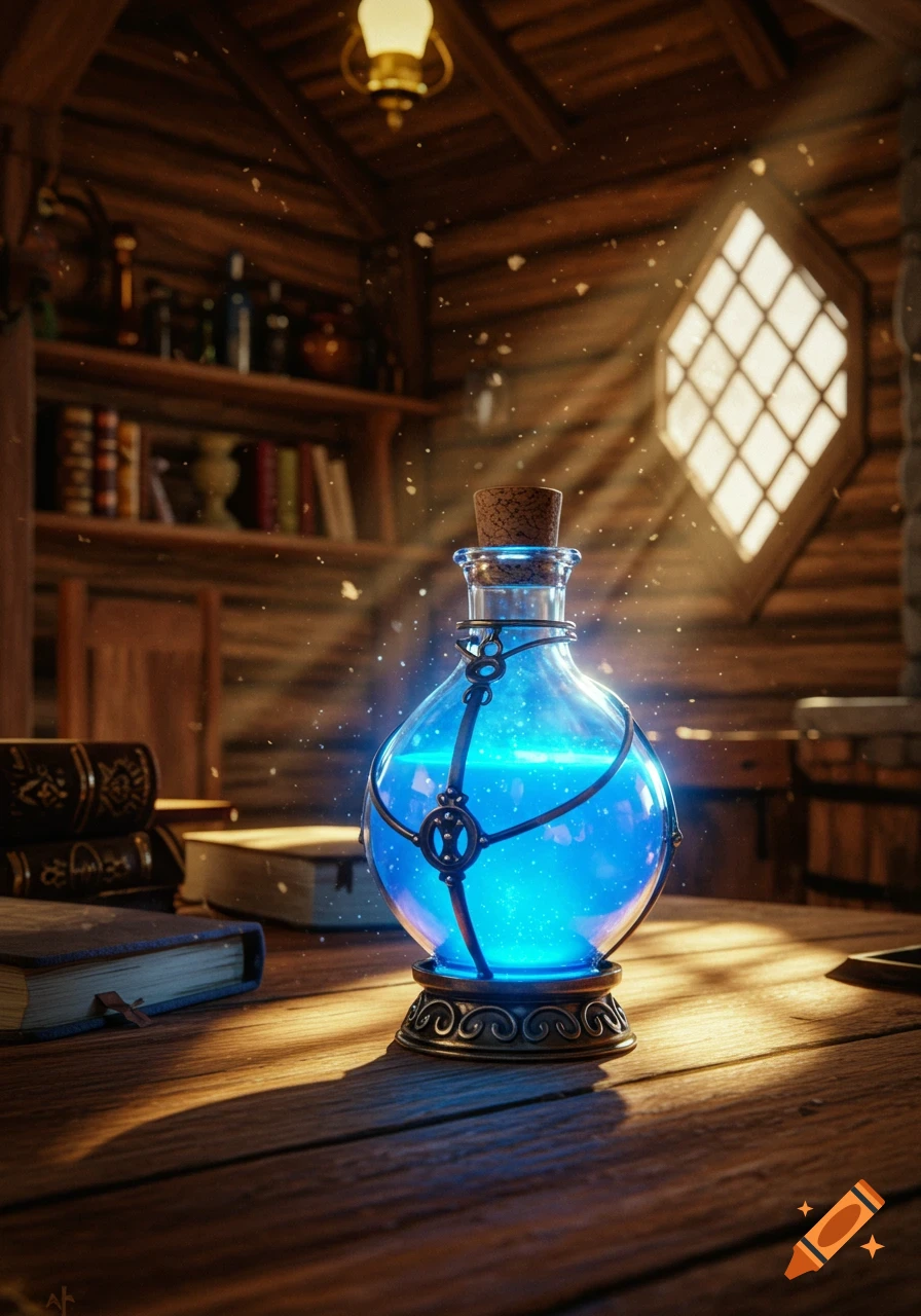 A glowing blue mana potion sits on a wooden table inside a cozy fantasy cabin, with sunlight streaming through a diamond-paned window.