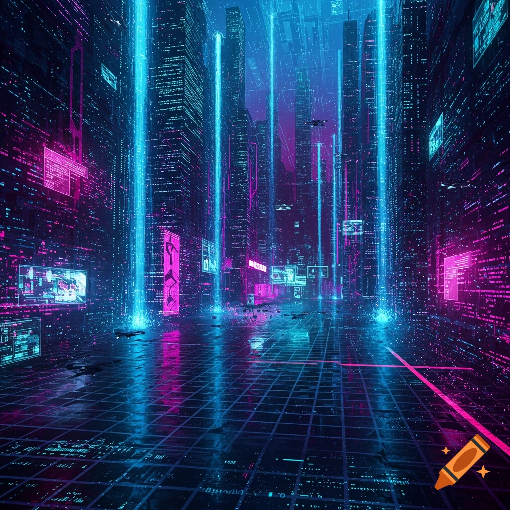 A neon-lit cyberpunk cityscape with glowing skyscrapers, vertical light beams, and reflective streets, depicting a digital world.