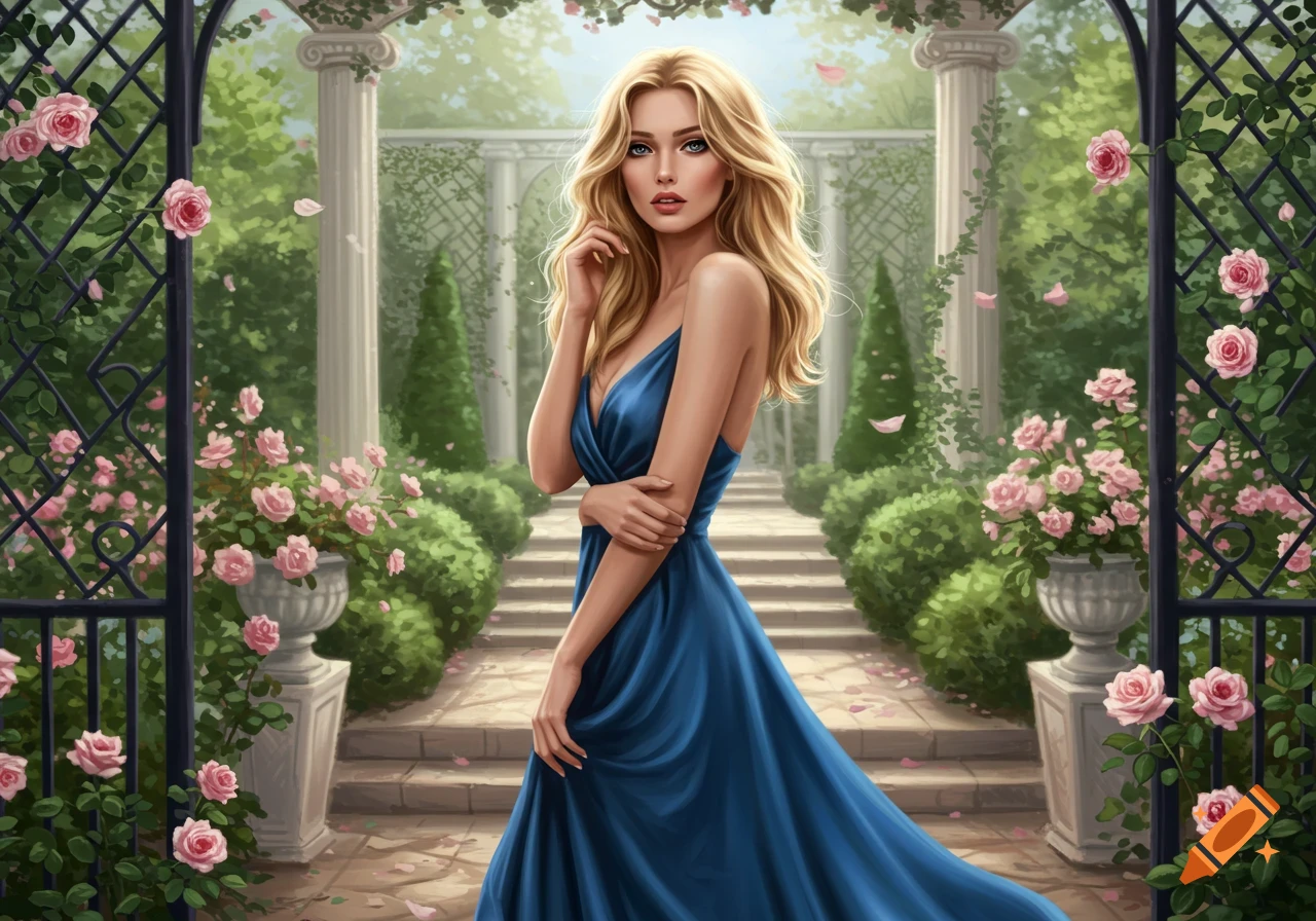 A beautiful woman with long blonde hair in a flowing blue dress stands elegantly in a classical rose garden.